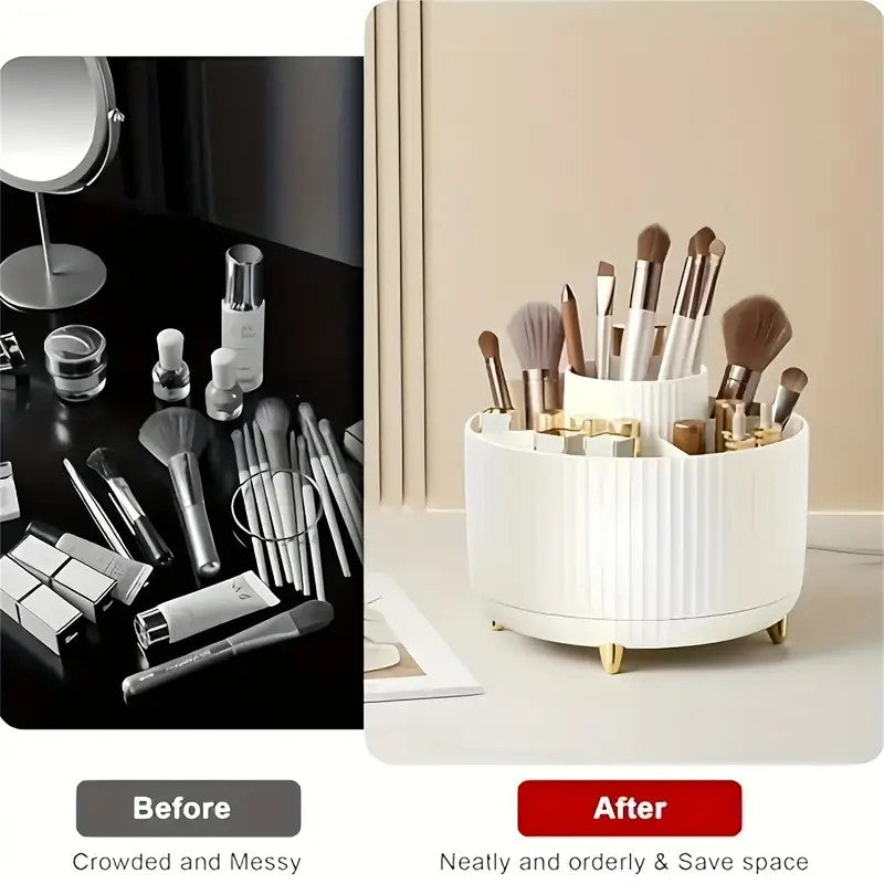 360° Rotating Multi-Compartment Makeup Brush Holder: Luxurious Vertical Texture with Golden Feet Design, Scientifically Organized Storage, One Cylinder to Tidy Your Vanity Table.(Black)