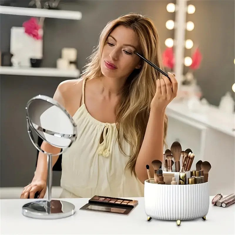 360° Rotating Multi-Compartment Makeup Brush Holder: Luxurious Vertical Texture with Golden Feet Design, Scientifically Organized Storage, One Cylinder to Tidy Your Vanity Table.(Black)