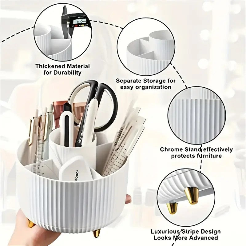360° Rotating Multi-Compartment Makeup Brush Holder: Luxurious Vertical Texture with Golden Feet Design, Scientifically Organized Storage, One Cylinder to Tidy Your Vanity Table.(Black)