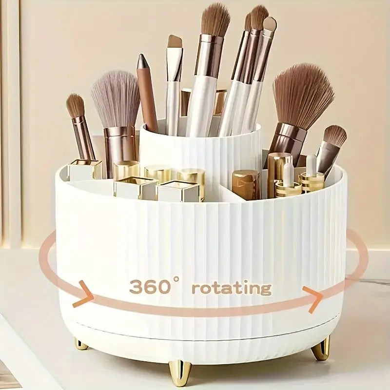 360° Rotating Multi-Compartment Makeup Brush Holder: Luxurious Vertical Texture with Golden Feet Design, Scientifically Organized Storage, One Cylinder to Tidy Your Vanity Table.(Green)