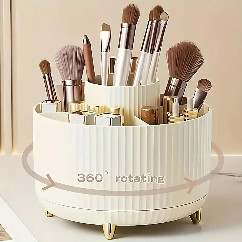 360° Rotating Multi-Compartment Makeup Brush Holder: Luxurious Vertical Texture with Golden Feet Design, Scientifically Organized Storage, One Cylinder to Tidy Your Vanity Table.(Green)