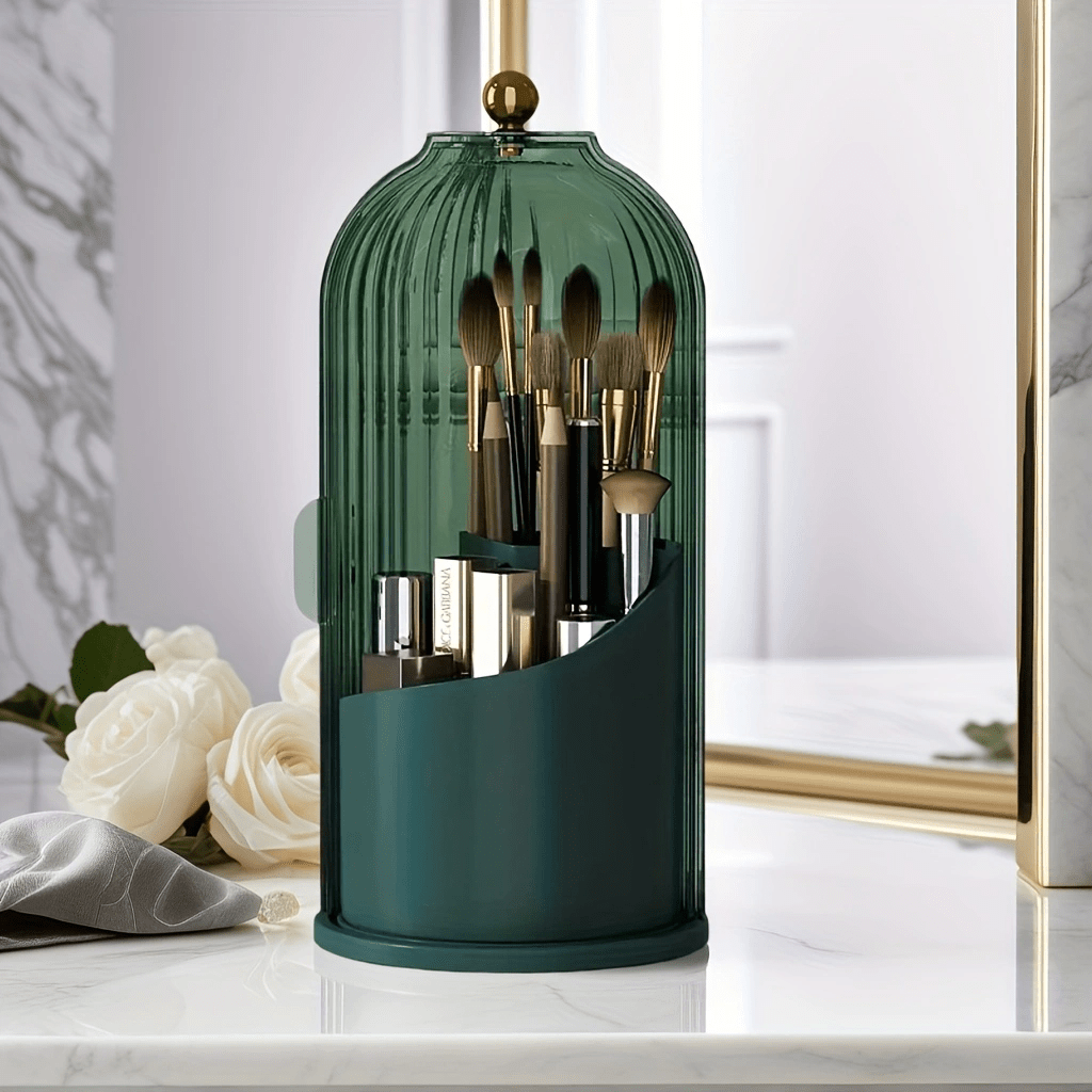 Transparent Rotating Makeup Brush Holder: 360° Rotation for Easy Access, Dust-Proof with Compartments, Neat and Portable(Transparent gray）