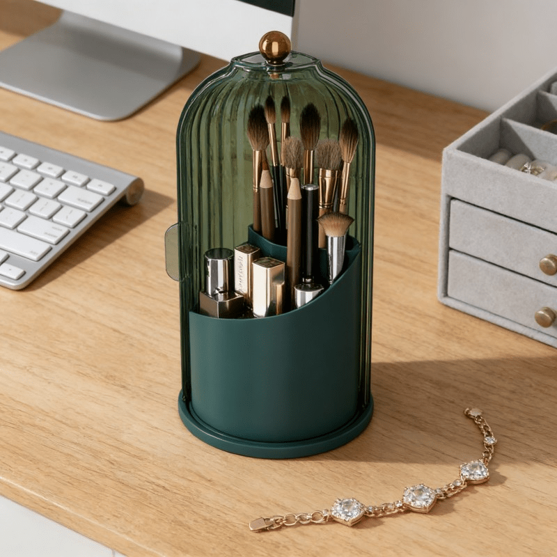 Transparent Rotating Makeup Brush Holder: 360° Rotation for Easy Access, Dust-Proof with Compartments, Neat and Portable(Transparent gray）