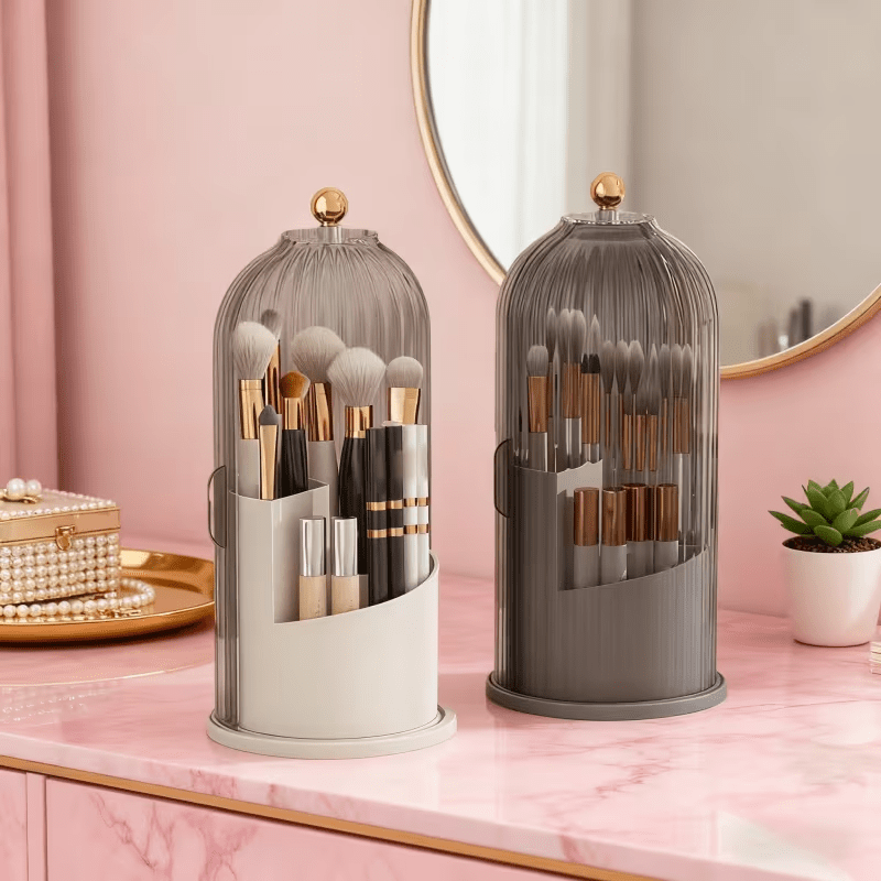 Transparent Rotating Makeup Brush Holder: 360° Rotation for Easy Access, Dust-Proof with Compartments, Neat and Portable(Transparent gray）