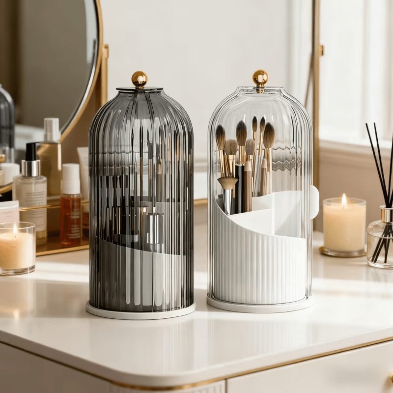 Transparent Rotating Makeup Brush Holder: 360° Rotation for Easy Access, Dust-Proof with Compartments, Neat and Portable(Transparent gray）