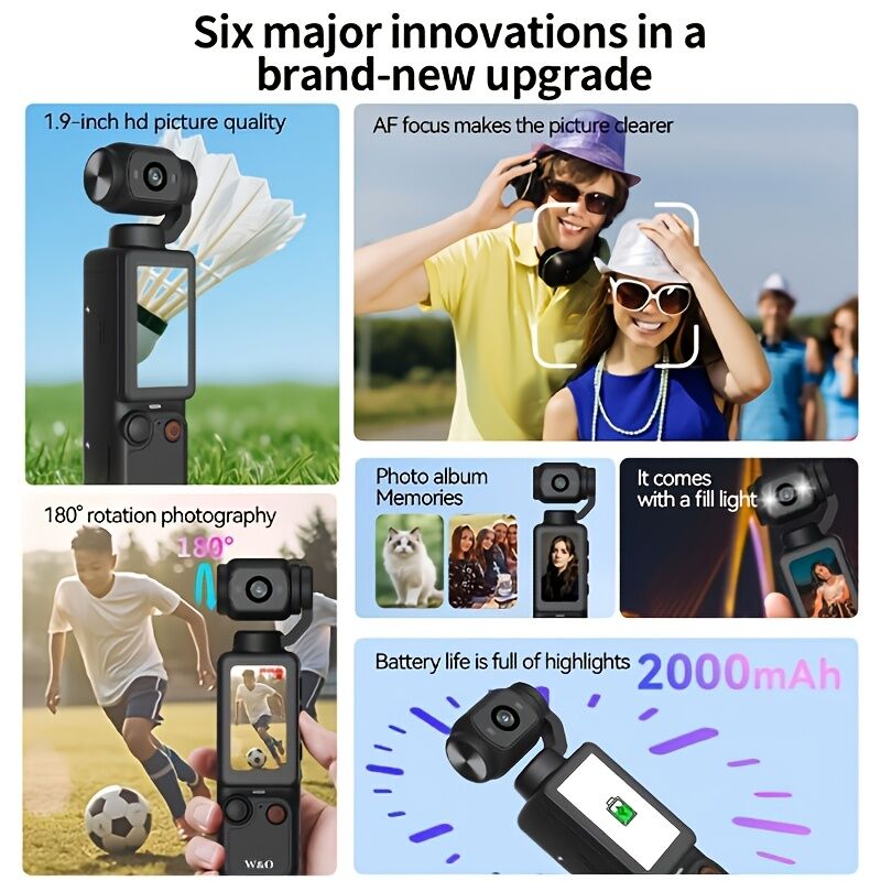 BLACK**4K HD 180° Rotating Anti-Shake Action Camera｜1.9-Inch Screen + 2000mAh Battery, Compact & Portable Vlogging & Travel Companion — Streamlined Design, Durable, Ideal for Content Creators & Holiday Gifting**