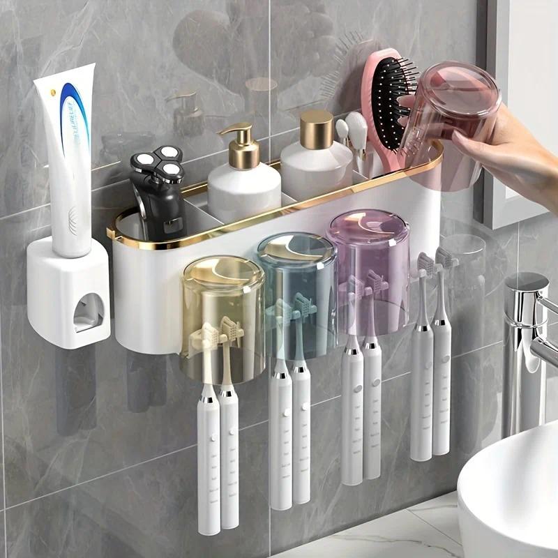 4-in-1White(three people) Wall-Mounted Toothbrush Holder | Toothbrush Storage/Toothpaste Dispenser/Storage Shelf/Anti-Mildew Drainage - Bathroom Organization Upgrade