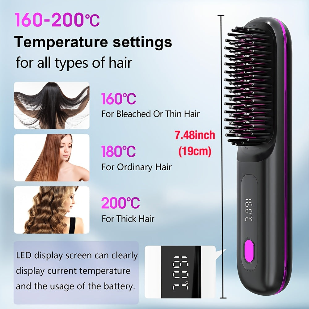 White Cordless Hair Straightener Brush: Dual 2000mAh batteries for long-lasting power, fast heating, creates smooth styles anytime, anywhere.