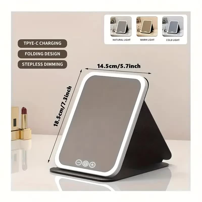 LED folding makeup mirror with light, portable travel beauty mirror with light, three-color adjustable light, touch screen, rechargeable
