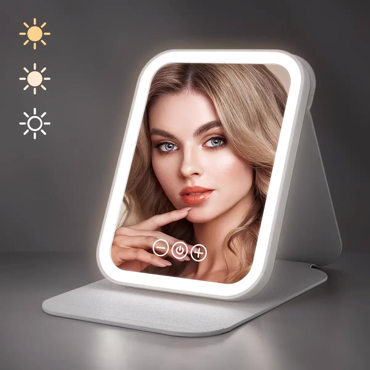 LED folding makeup mirror with light, portable travel beauty mirror with light, three-color adjustable light, touch screen, rechargeable