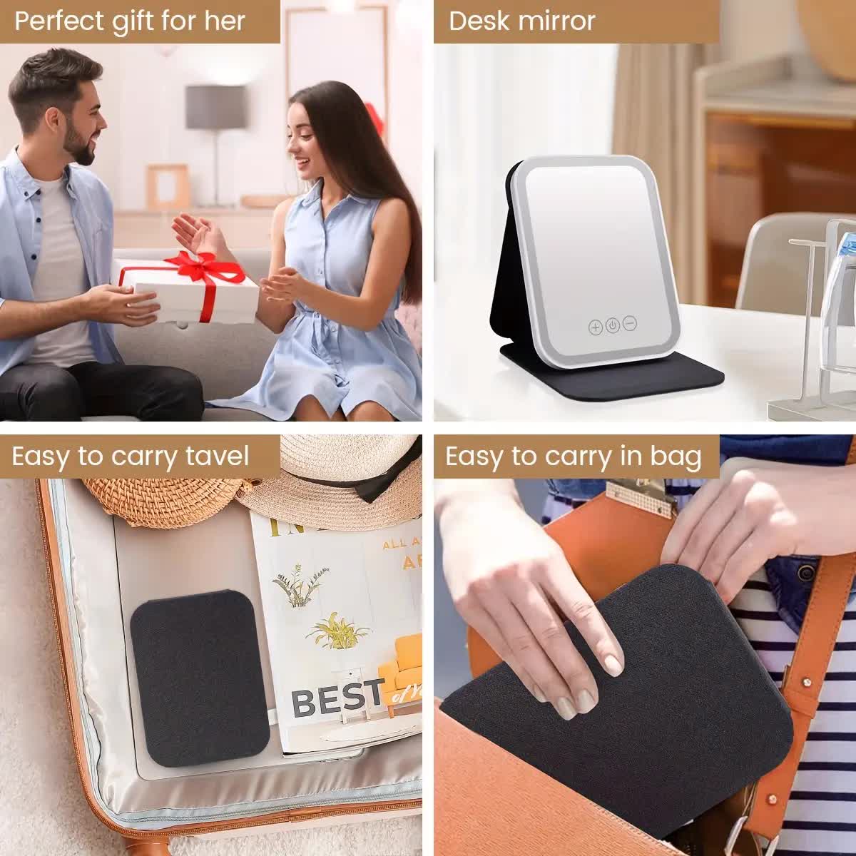 LED folding makeup mirror with light, portable travel beauty mirror with light, three-color adjustable light, touch screen, rechargeable