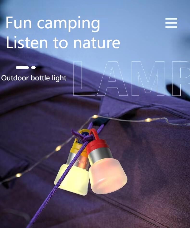 Two random color (green - yellow - white - red) outdoor camping lights, convenient for hiking, multi-scenario water bottle lights, ambient lights, suspended hanging lights with focused light