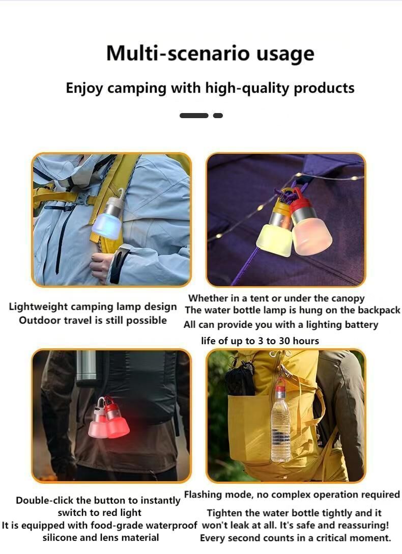 Two random color (green - yellow - white - red) outdoor camping lights, convenient for hiking, multi-scenario water bottle lights, ambient lights, suspended hanging lights with focused light