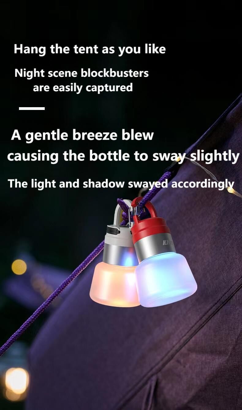 Two random color (green - yellow - white - red) outdoor camping lights, convenient for hiking, multi-scenario water bottle lights, ambient lights, suspended hanging lights with focused light