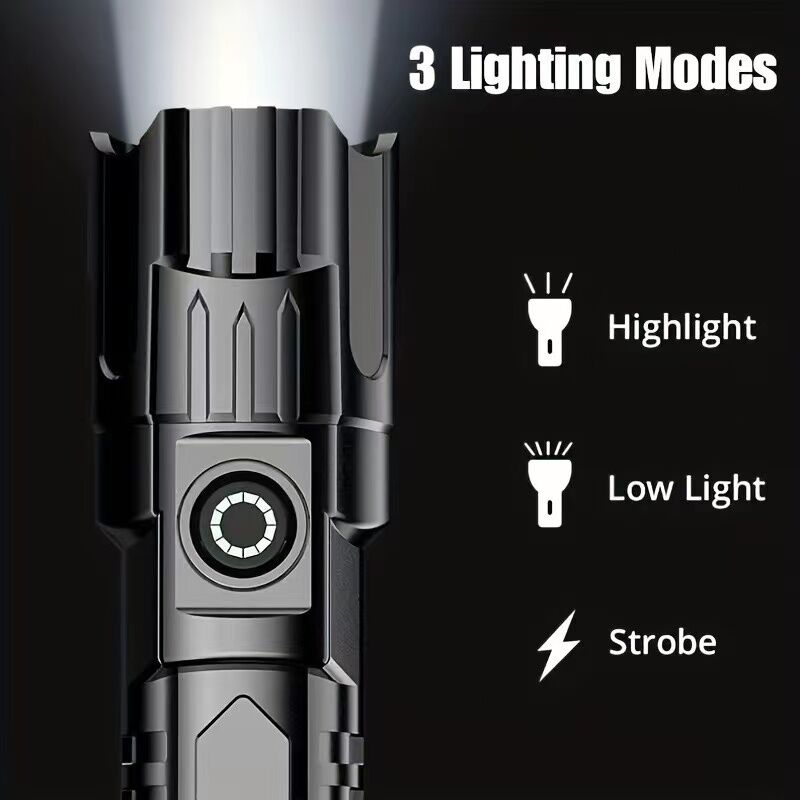 1 USB rechargeable flashlight, ultra-bright LED handheld outdoor emergency light, with telescopic zoom, wide beam, 1800mAh lithium battery, 150 lumens, suitable for camping, hiking, exploration and daily use, camping flashlight