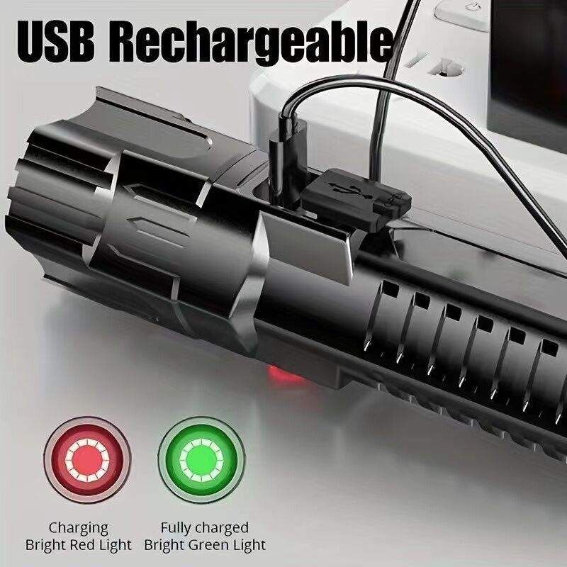 1 USB rechargeable flashlight, ultra-bright LED handheld outdoor emergency light, with telescopic zoom, wide beam, 1800mAh lithium battery, 150 lumens, suitable for camping, hiking, exploration and daily use, camping flashlight