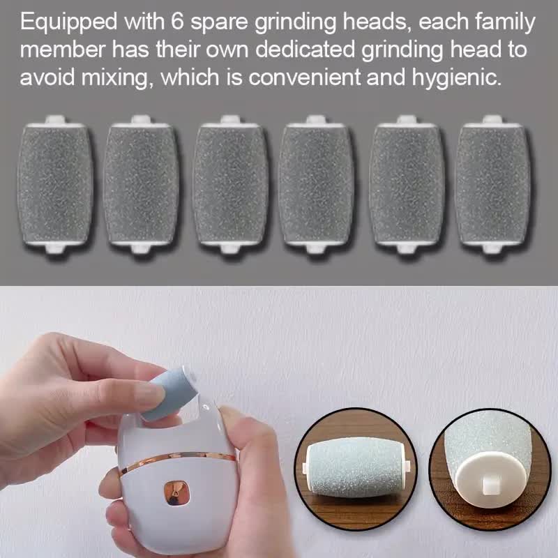 Rechargeable electric foot exfoliator with 6 replaceable heads for removing dead skin and polishing. Powered by USB. Smooth dual-color design (white and gold). Ergonomic handle for a comfortable user experience.