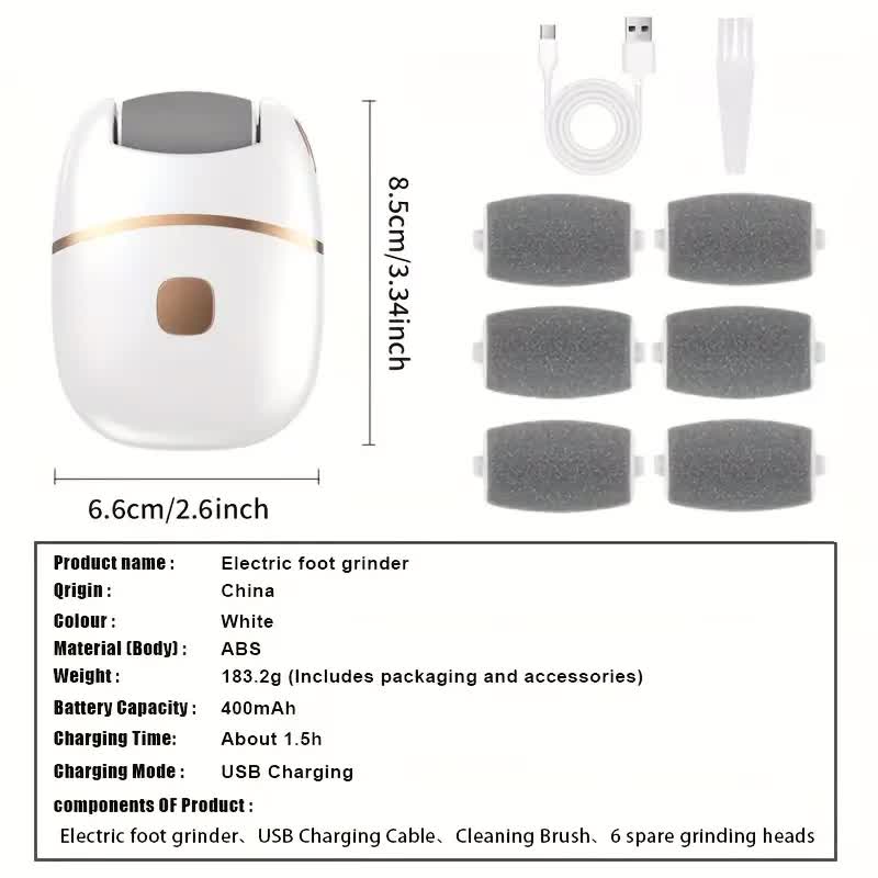 Rechargeable electric foot exfoliator with 6 replaceable heads for removing dead skin and polishing. Powered by USB. Smooth dual-color design (white and gold). Ergonomic handle for a comfortable user experience.