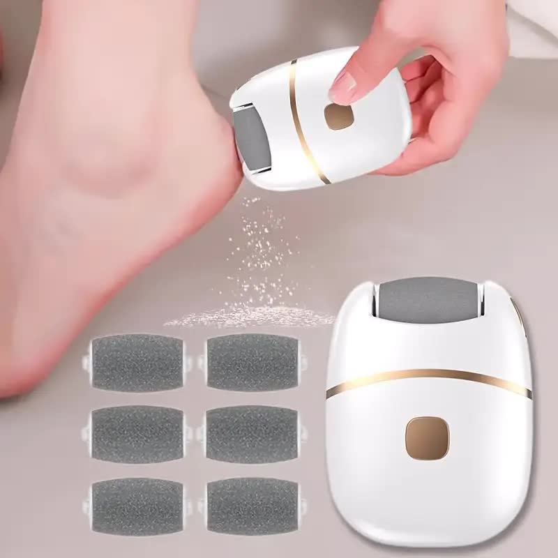 Rechargeable electric foot exfoliator with 6 replaceable heads for removing dead skin and polishing. Powered by USB. Smooth dual-color design (white and gold). Ergonomic handle for a comfortable user experience.