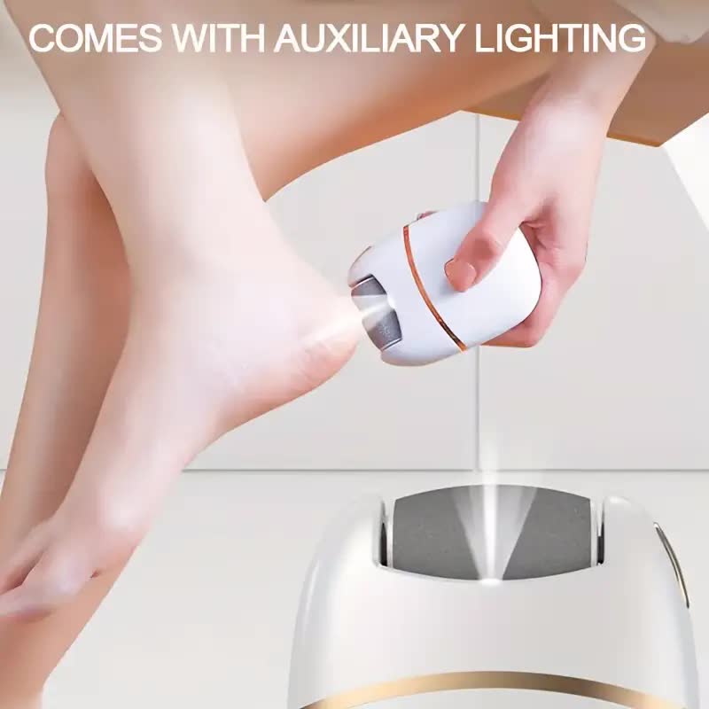 Rechargeable electric foot exfoliator with 6 replaceable heads for removing dead skin and polishing. Powered by USB. Smooth dual-color design (white and gold). Ergonomic handle for a comfortable user experience.