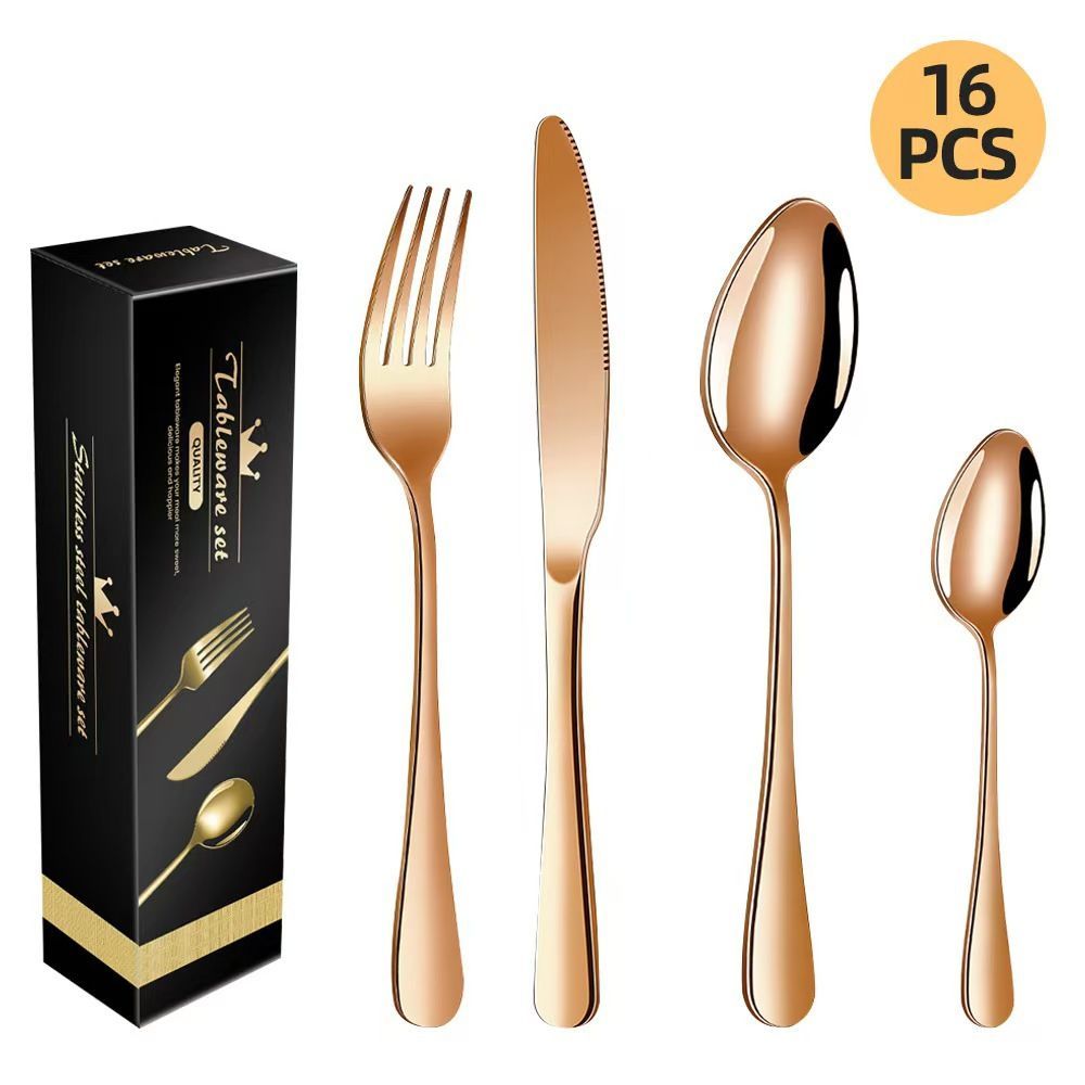 western cutlery set, steak knife and fork set, stainless steel cutlery, gift set for dining, 16-piece cutlery, Australian dining, steak knives Australia, premium cutlery set, gift for couples, housewarming gift - Gold - Size 16 -piece set