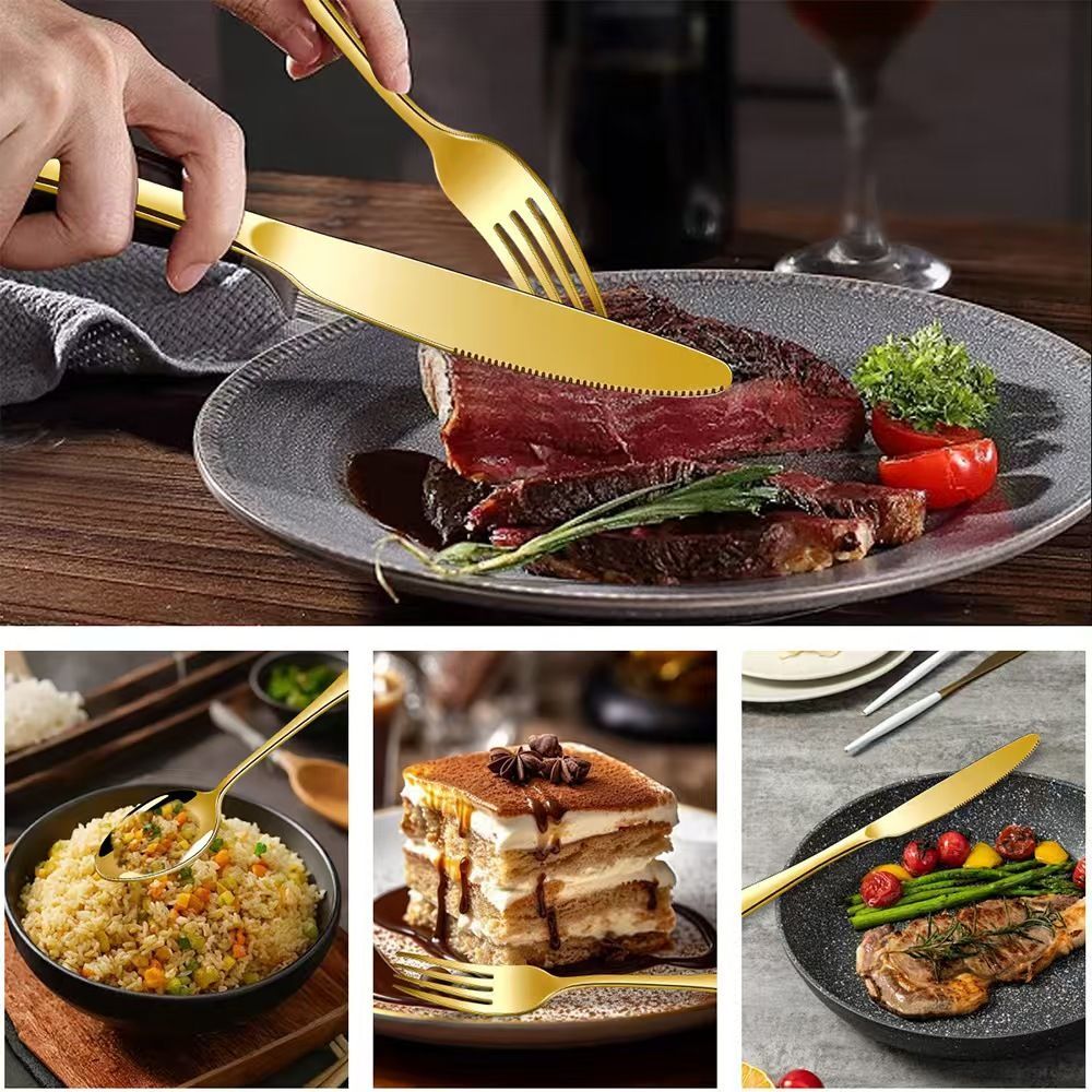 western cutlery set, steak knife and fork set, stainless steel cutlery, gift set for dining, 16-piece cutlery, Australian dining, steak knives Australia, premium cutlery set, gift for couples, housewarming gift - Gold - Size 16 -piece set