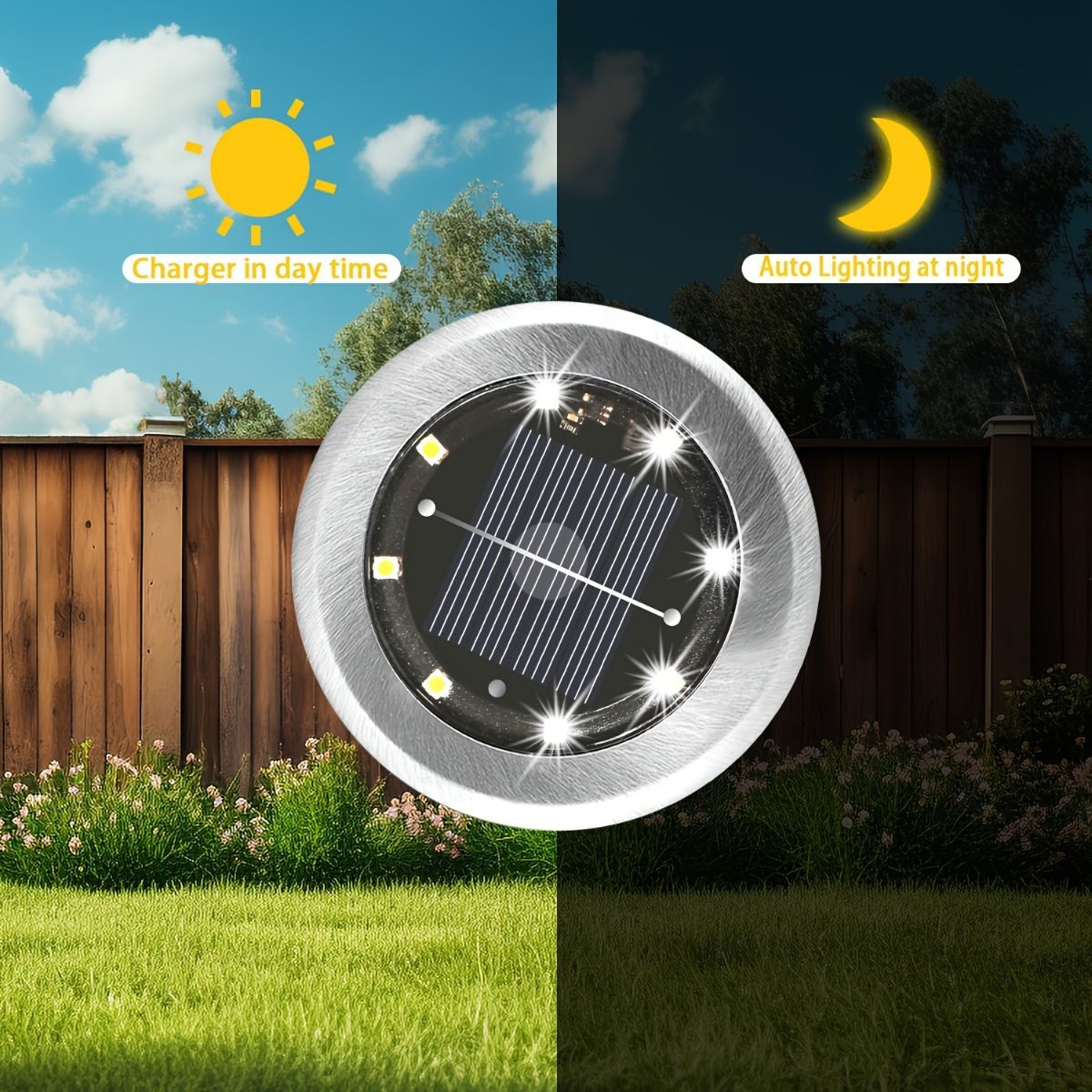 Solar Ground Spotlights 8 LED Rotating Disc Lights Stainless Steel Outdoor - Silver - Size Warm light