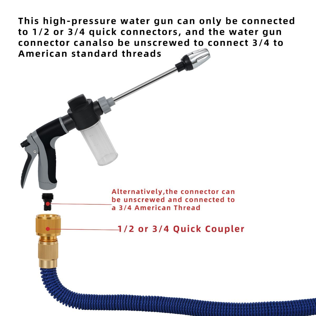 Portable High-Pressure Car Wash Water Gun 3/4-Inch Adapter 1/2-Inch Adapter - Black - Size 01