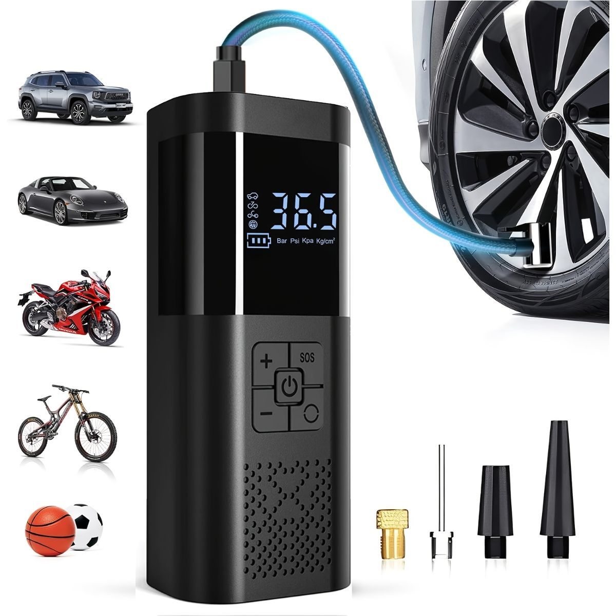 Black Portable Car Tire Inflator 150PSI Inflator Digital Tire Pressure Gauge LED