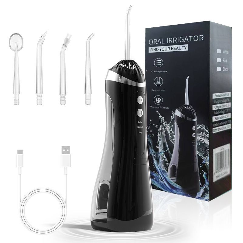 Black Cordless Water Flosser & Oral Irrigator - Portable Teeth Cleaner with 3 Modes & 4 Jet Tips