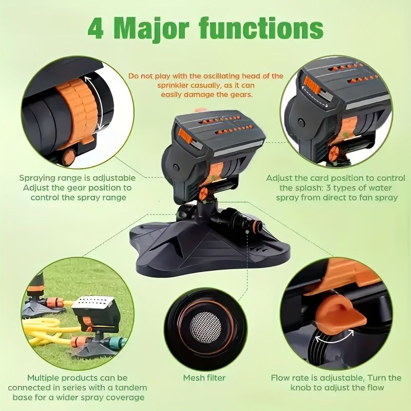 1 garden sprinkler with 16 nozzles, 180° rotating adjustable head, automatic irrigation system, wide coverage, easy to install, no power required, suitable for lawn and garden watering