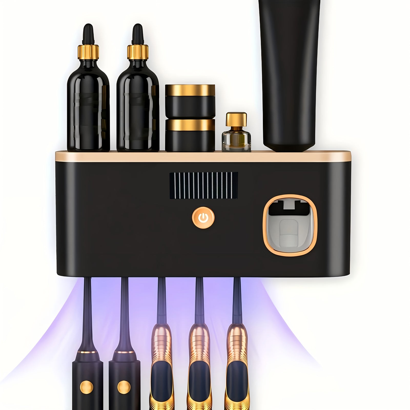 1 Black Gold Smart Toothbrush Organizer, Bathroom Toothbrush Placement and Organization, Automatic Toothpaste Dispenser - Wall Mount, 5-Slot Storage, Durable Plastic, USB Rechargeable Lithium Battery, Modern Bathroom Organization and Home Decor