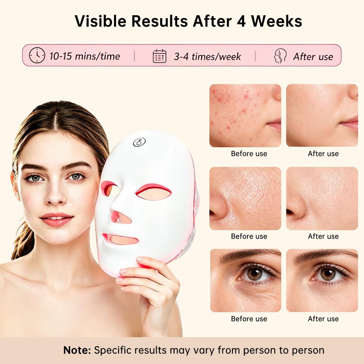 Red Light Mask for Face, 7 Color Red Light Facial Masks, At-Home Facial Care Device, Portable, Cordless, and Rechargeable - White - Size 230mm