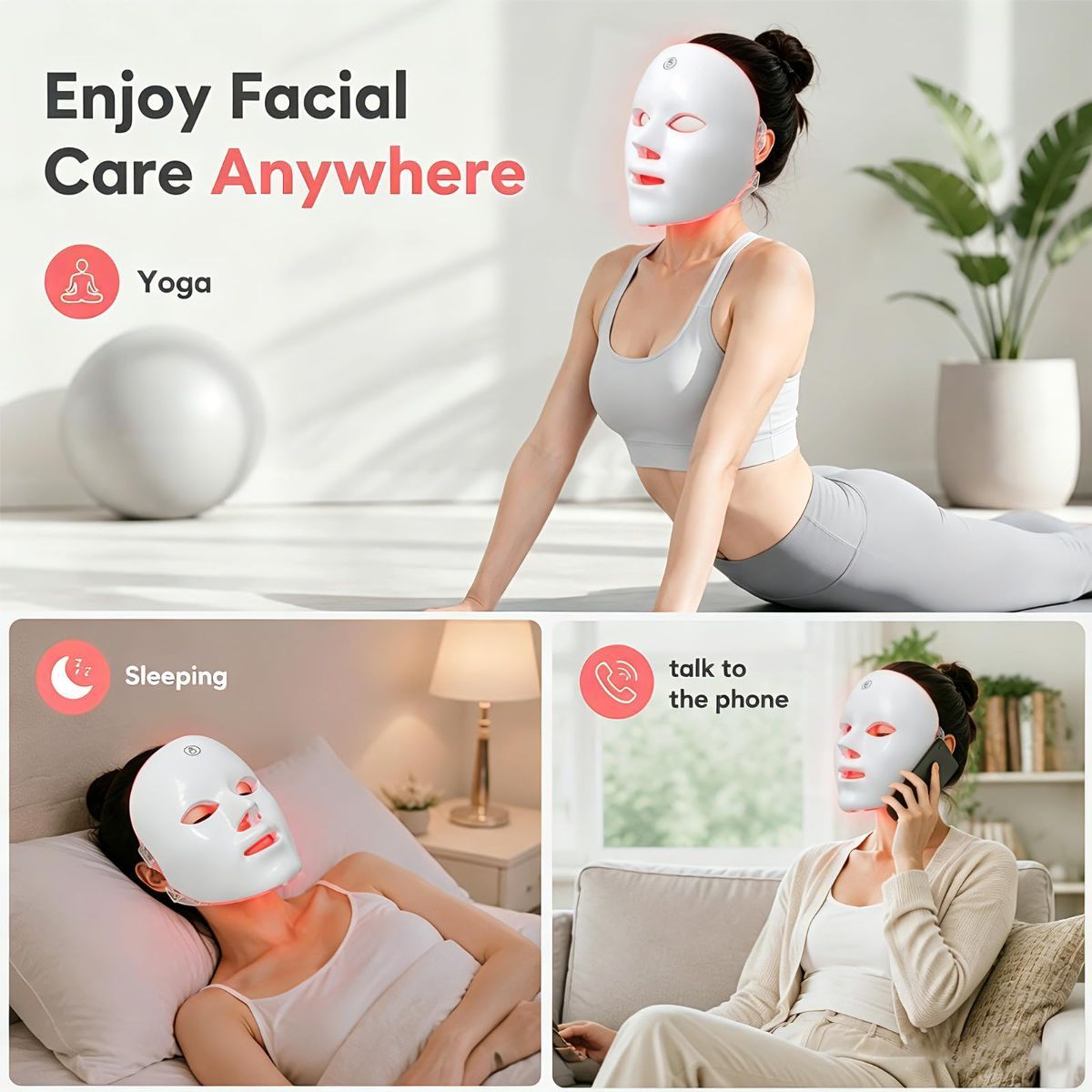 Red Light Mask for Face, 7 Color Red Light Facial Masks, At-Home Facial Care Device, Portable, Cordless, and Rechargeable - White - Size 230mm
