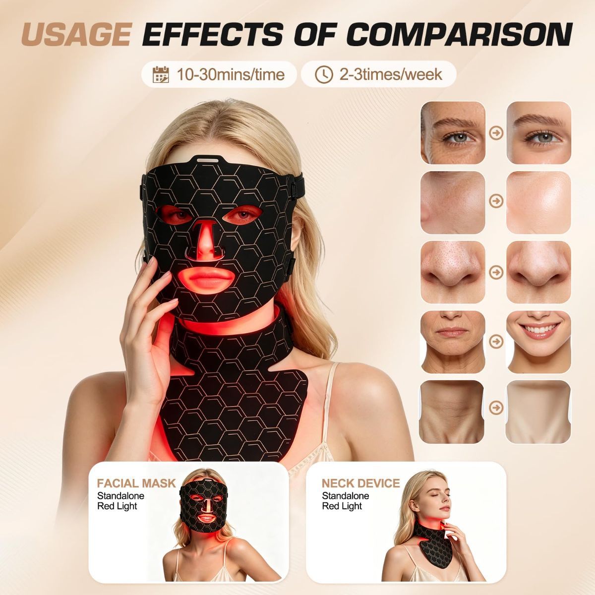 Red Light Therapy for Face and Neck Mask,160 LED Beads Silicone Facial Light Therapy,Rechargeable Portable LED Skincare Mask with Remote Control,Timer & 3 Adjustable Brightness