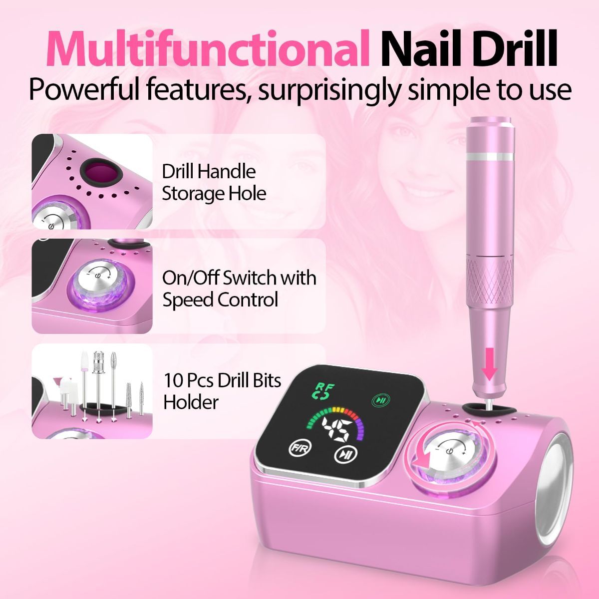 45000RPM Professional Corded Nail Drill E-File Kit for Salon Home LED Display; Low Noise; Ideal for Shaping, Removing & Polishing Acrylic & Gel; For Manicure Pedicure Nail Prep - Red - Size 5.5*3.54in