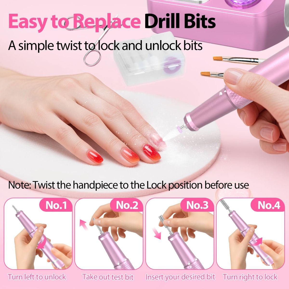 45000RPM Professional Corded Nail Drill E-File Kit for Salon Home LED Display; Low Noise; Ideal for Shaping, Removing & Polishing Acrylic & Gel; For Manicure Pedicure Nail Prep - Red - Size 5.5*3.54in