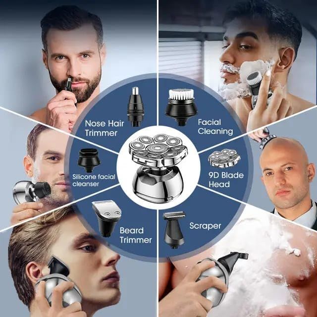 Head Shaver for Bald Men - 9D Waterproof Cordless Wet/Dry Skull & Bald Head Shaver with Rotary Blades - Grooming Kit with Electric Razor, Clippers, Nose/Ear Trimmer, Brush & Massager