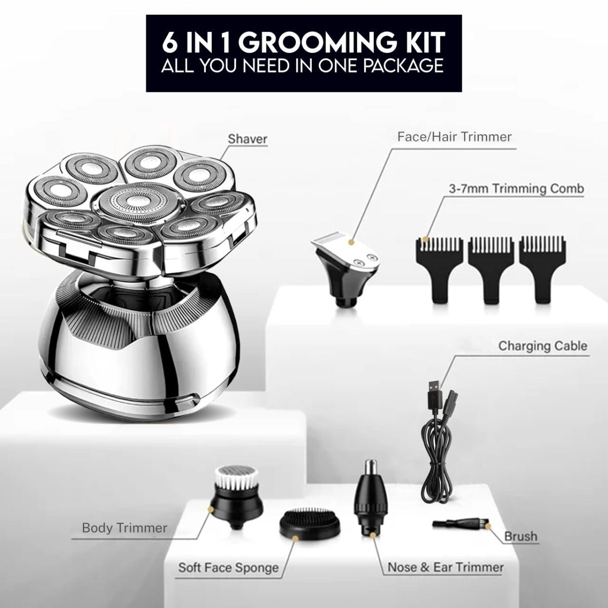 Head Shaver for Bald Men - 9D Waterproof Cordless Wet/Dry Skull & Bald Head Shaver with Rotary Blades - Grooming Kit with Electric Razor, Clippers, Nose/Ear Trimmer, Brush & Massager