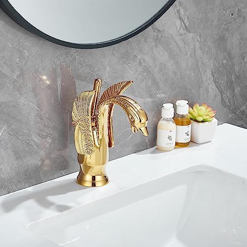 Swan-Shaped Bathroom Faucet – Single-Handle Single-Hole Sink Faucet, Deck-Mounted, Short Model, Elegant Vanity Faucet for Bathroom - Bronze - Size 19cm