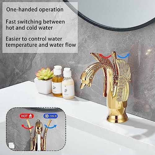 Swan-Shaped Bathroom Faucet – Single-Handle Single-Hole Sink Faucet, Deck-Mounted, Short Model, Elegant Vanity Faucet for Bathroom - Gold - Size 19cm