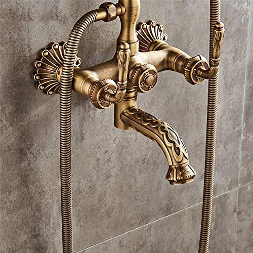 Bathtub Faucet with Handheld Shower – Antique Brass Wall-Mounted Multifunctional Mixer Tap, Hot & Cold Water, Vintage Bathroom Tub Faucet - Bronze - Size A