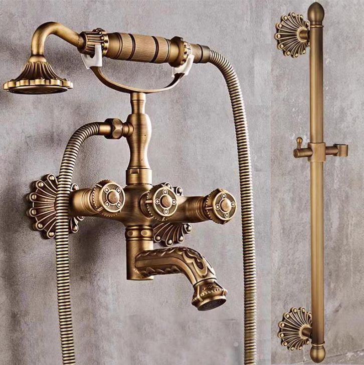 Bathtub Faucet with Handheld Shower – Antique Brass Wall-Mounted Multifunctional Mixer Tap, Hot & Cold Water, Vintage Bathroom Tub Faucet - Bronze - Size A