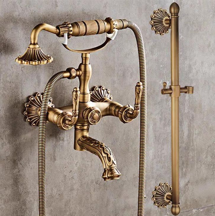 Bathtub Faucet with Handheld Shower – Antique Brass Wall-Mounted Multifunctional Mixer Tap, Hot & Cold Water, Vintage Bathroom Tub Faucet - Bronze - Size C