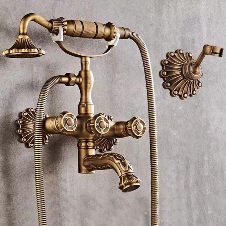 Bathtub Faucet with Handheld Shower – Antique Brass Wall-Mounted Multifunctional Mixer Tap, Hot & Cold Water, Vintage Bathroom Tub Faucet - Bronze - Size C