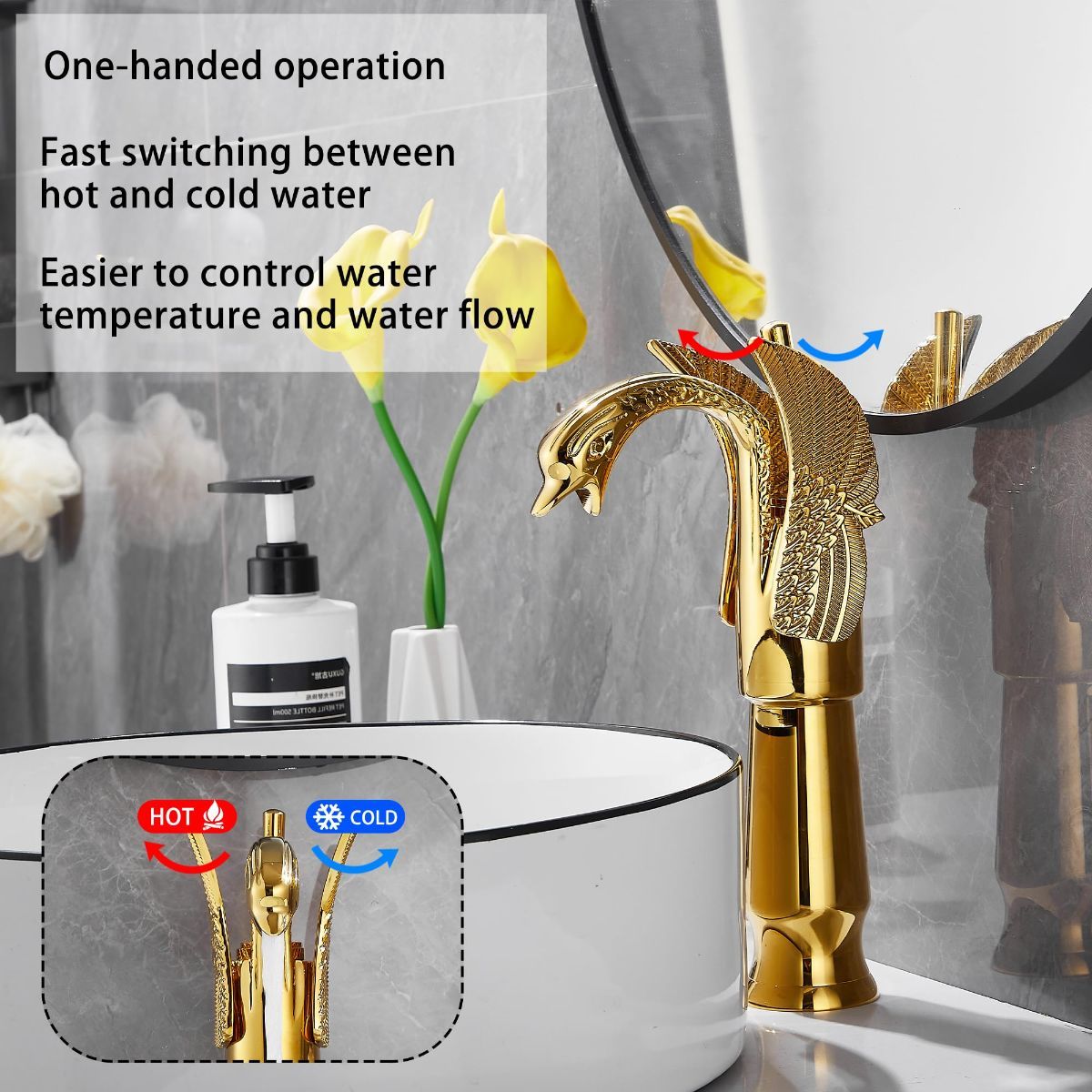 Swan-Shaped Single-Handle Single-Hole Vessel Faucet – Deck-Mounted Bathroom Sink Faucet, Tall Model, Elegant Vanity Faucet - Rose Gold - Size 33cm