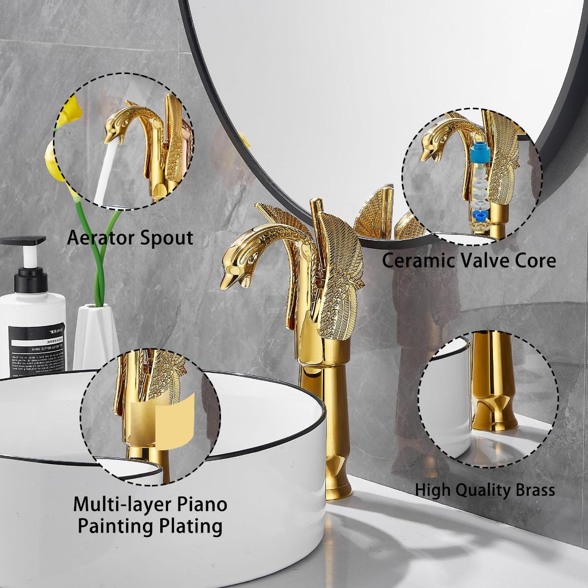 Swan-Shaped Single-Handle Single-Hole Vessel Faucet – Deck-Mounted Bathroom Sink Faucet, Tall Model, Elegant Vanity Faucet - Rose Gold - Size 33cm