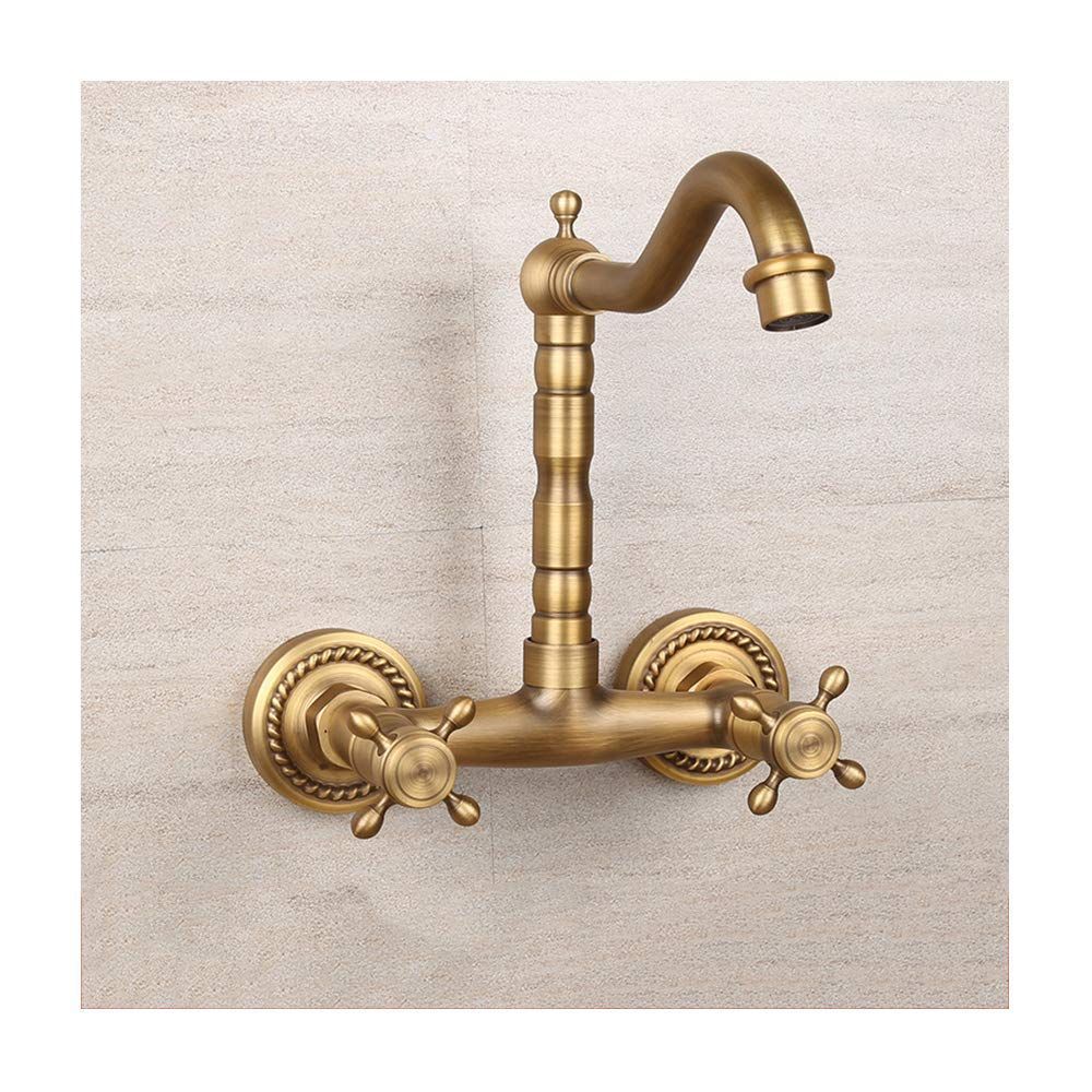 Antique Bathtub Faucet – Dual-Handle Brass Wall-Mounted Tub Faucet with Hot & Cold Mixer, Tall Model, Elegant for Villa Bathroom - Bronze - Size Tall1