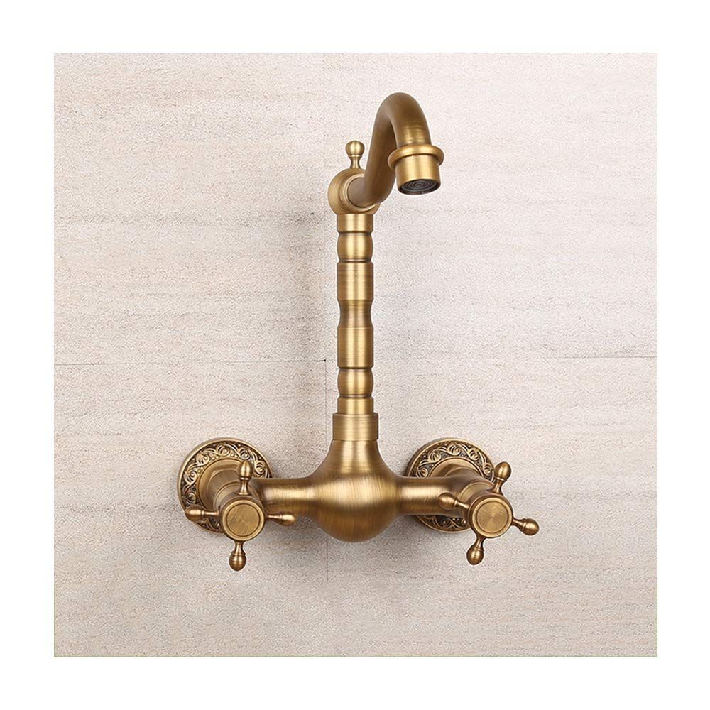 Antique Bathtub Faucet – Dual-Handle Brass Wall-Mounted Tub Faucet with Hot & Cold Mixer, Tall Model, Elegant for Villa Bathroom - Bronze - Size Tall1