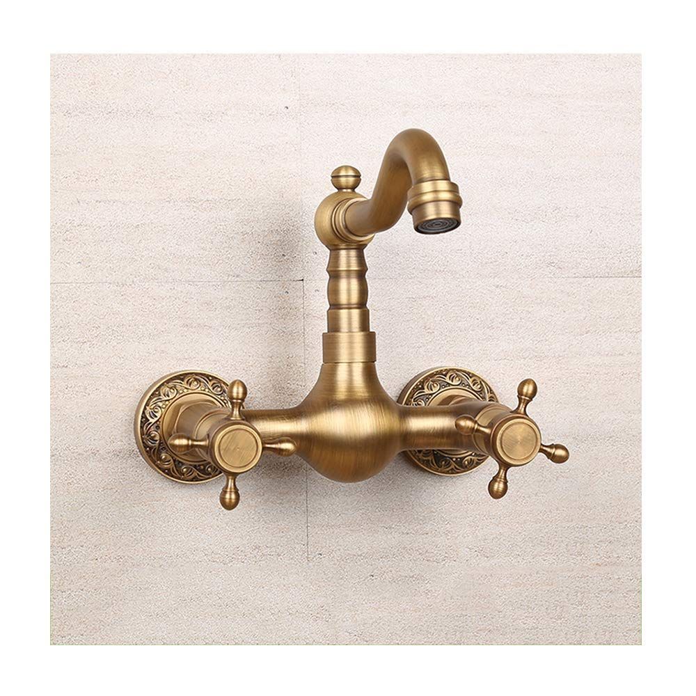 Antique Bathtub Faucet – Dual-Handle Brass Wall-Mounted Tub Faucet with Shower, Hot & Cold Mixer, Short Model, Elegant Bathroom & Villa Faucet - Bronze - Size Short1